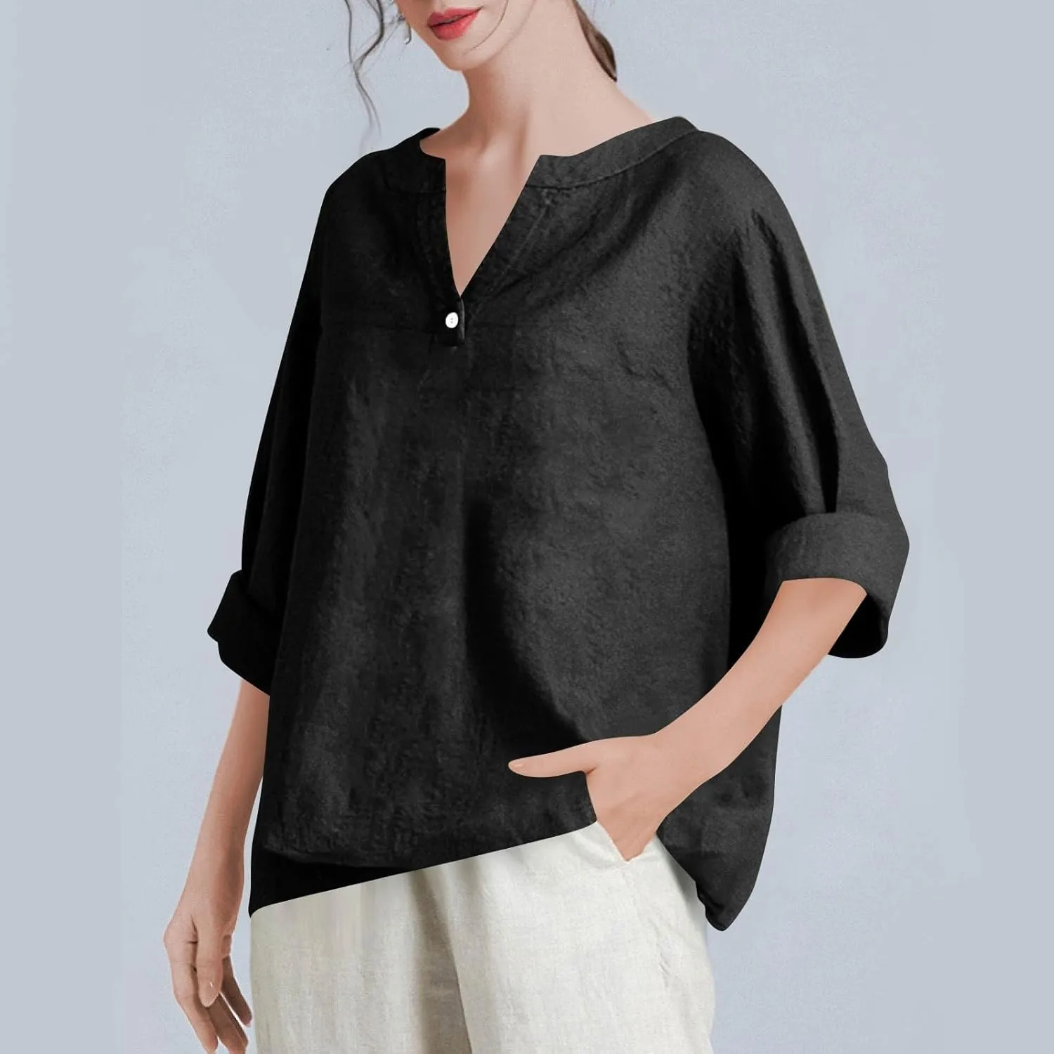 NBXNZWF Womens Cotton Linen Shirts 3/4 Sleeve Summer Loose Casual Tunic Button Down Office Work Lightweight Gauze Blouses