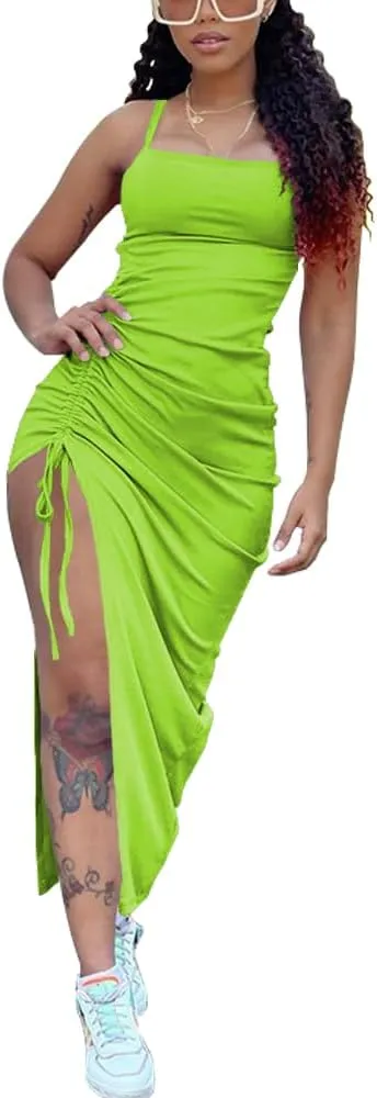 Nimsruc Womens Sexy Summer Dresses Spaghetti Strap Thigh-high Slit Ruched Bodycon Maxi Club Cocktail Party Dress