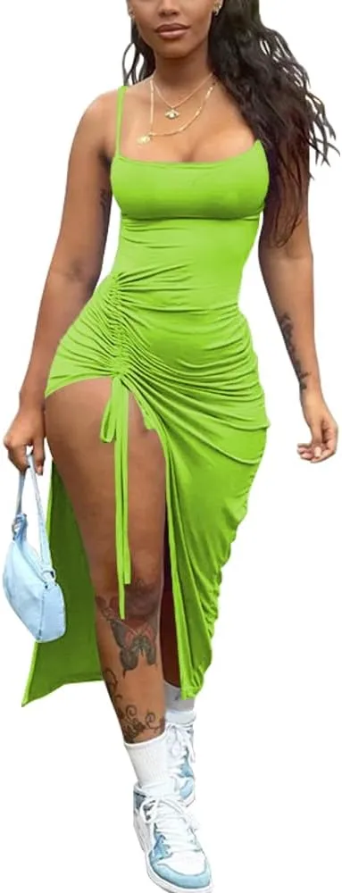 Nimsruc Womens Sexy Summer Dresses Spaghetti Strap Thigh-high Slit Ruched Bodycon Maxi Club Cocktail Party Dress