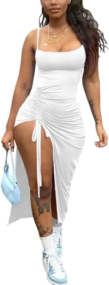 Nimsruc Womens Sexy Summer Dresses Spaghetti Strap Thigh-high Slit Ruched Bodycon Maxi Club Cocktail Party Dress