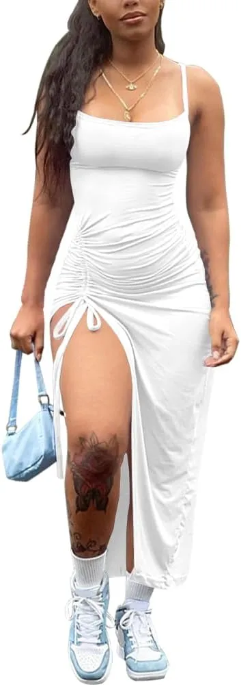 Nimsruc Womens Sexy Summer Dresses Spaghetti Strap Thigh-high Slit Ruched Bodycon Maxi Club Cocktail Party Dress