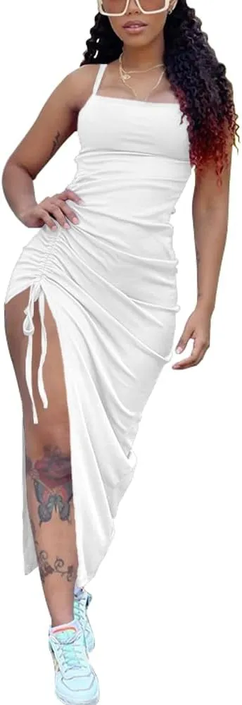 Nimsruc Womens Sexy Summer Dresses Spaghetti Strap Thigh-high Slit Ruched Bodycon Maxi Club Cocktail Party Dress