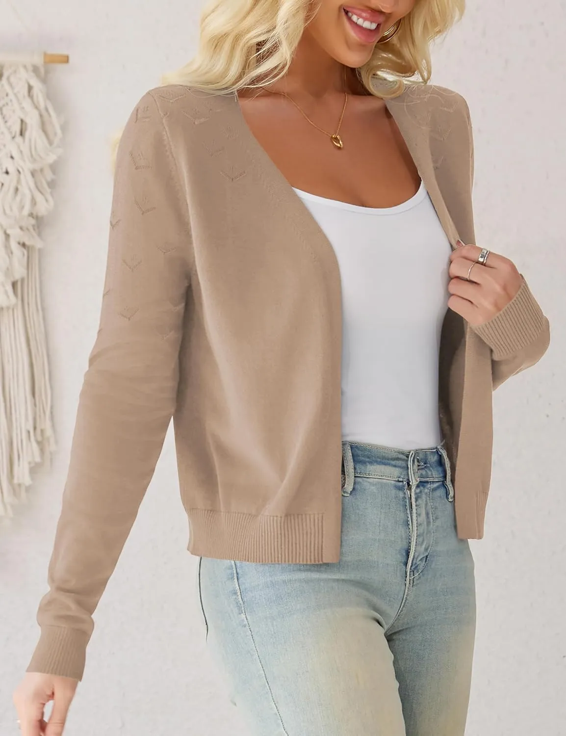 OmicGot Women's Long Sleeve Shrugs Open Front Cropped Cardigan Sweater Bolero Shrugs S-XL