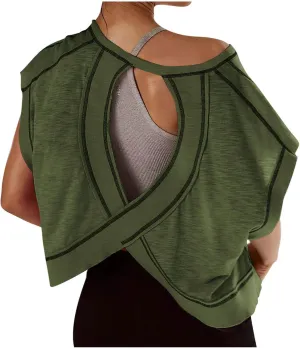 Open Back Tops for Women Criss Cross Cut Out Tee Backless Casual T Shirt Workout Yoga Athletic Gym Slouchy Crop Top