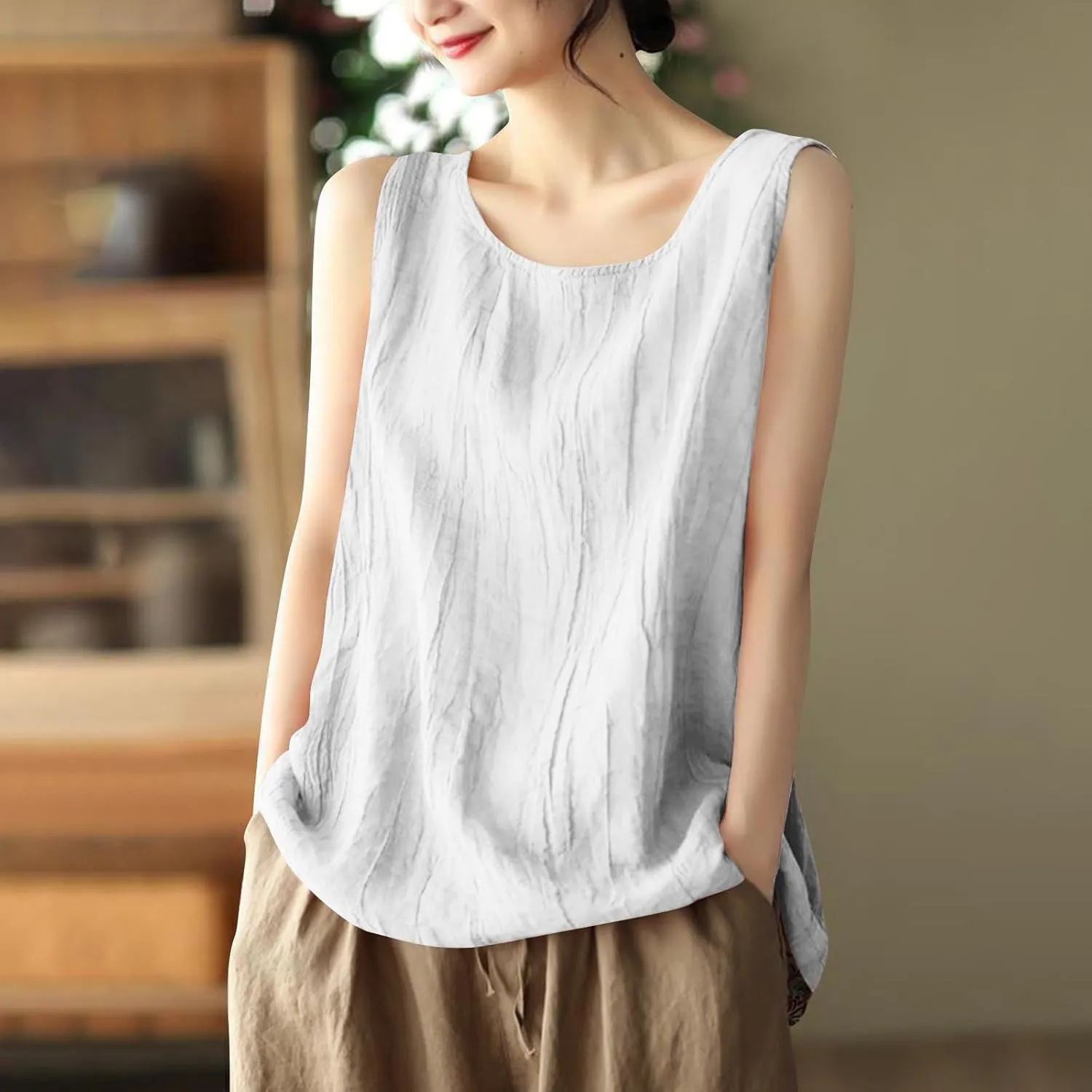 Oplxuo Cotton Linen Tank Tops for Women Loose Fit Sleeveless Round Neck Tee Shirts Summer Casual Flowy Blouses Tunic Tops