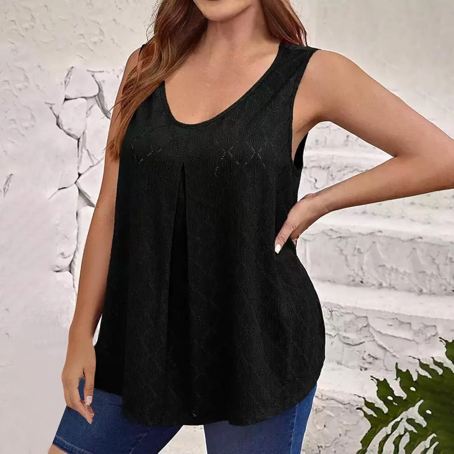 Oplxuo Plus Size Tank Tops for Women Loose Fit Flowy Sleeveless Scoop Neck Tunic Tops 2025 Fashion Summer Eyelet Shirts