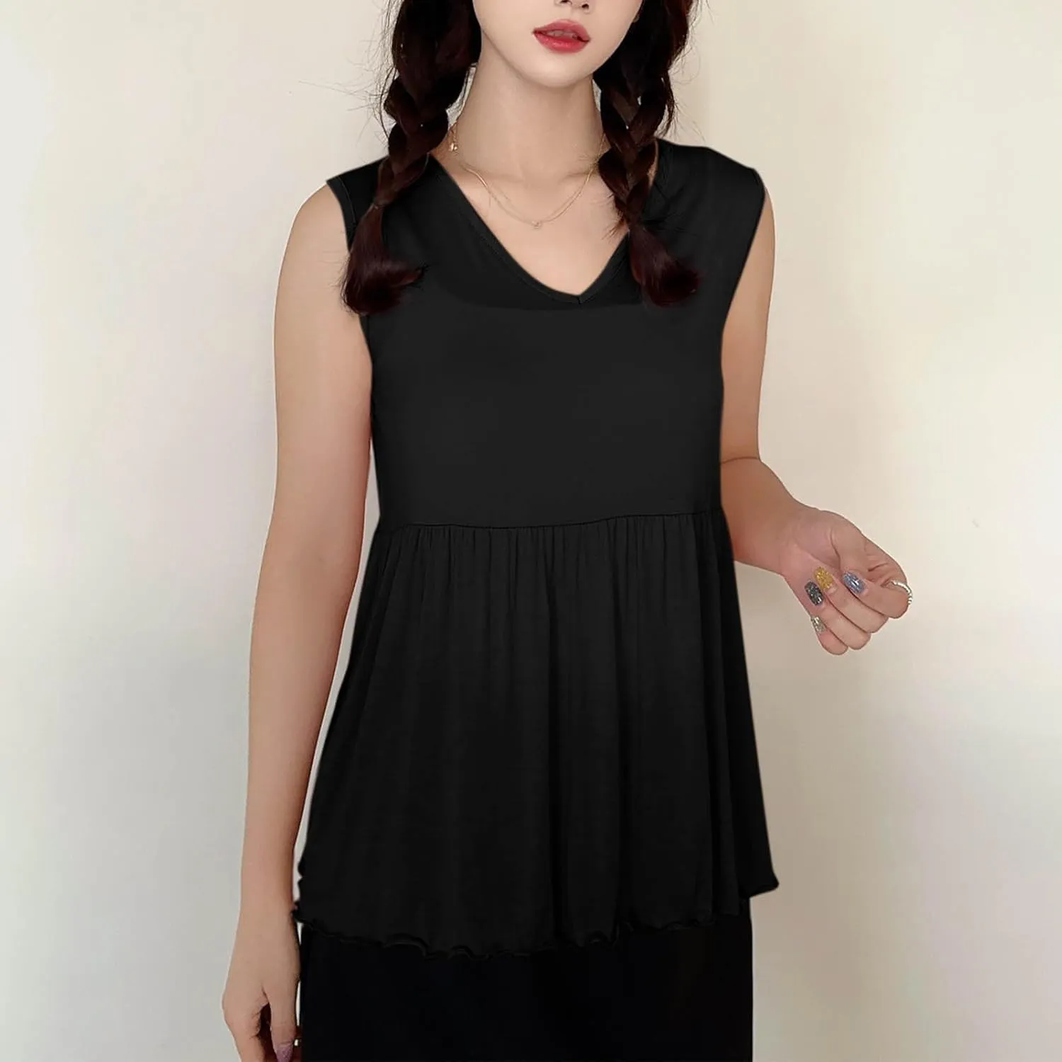 Oplxuo Women Sleeveless Tank Top V-Neck Ruffle Hem Camisole Casual Loose Layering Cami Undershirt for Yoga