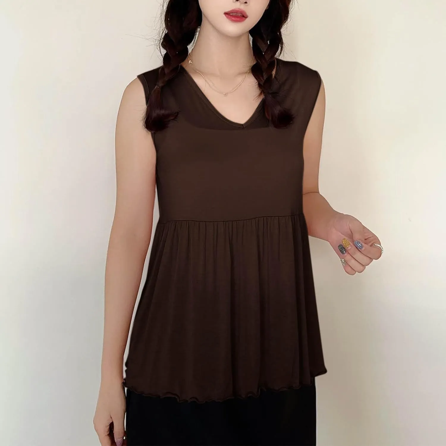 Oplxuo Women Sleeveless Tank Top V-Neck Ruffle Hem Camisole Casual Loose Layering Cami Undershirt for Yoga