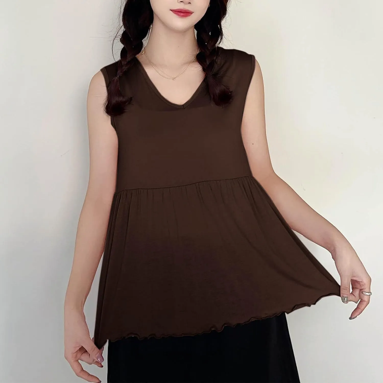 Oplxuo Women Sleeveless Tank Top V-Neck Ruffle Hem Camisole Casual Loose Layering Cami Undershirt for Yoga