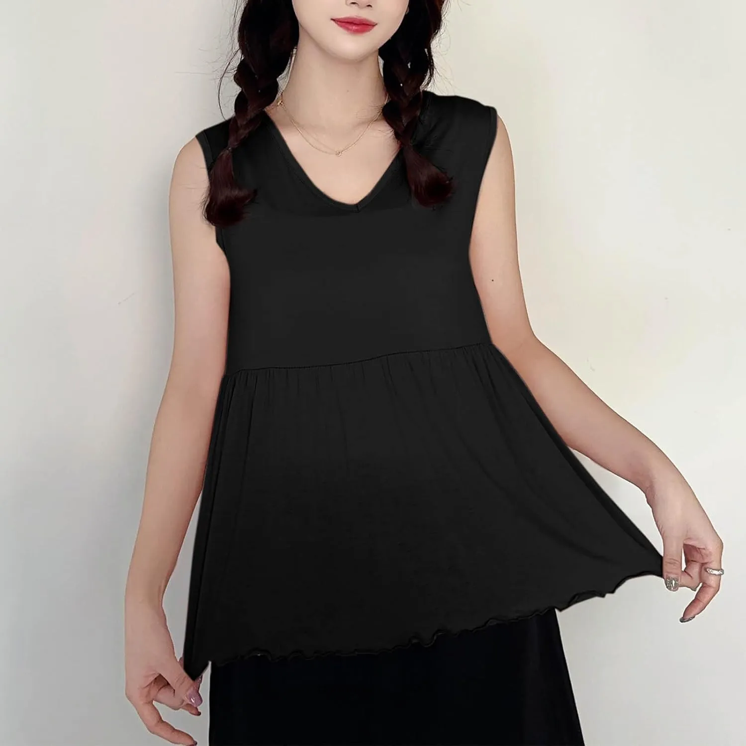Oplxuo Women Sleeveless Tank Top V-Neck Ruffle Hem Camisole Casual Loose Layering Cami Undershirt for Yoga