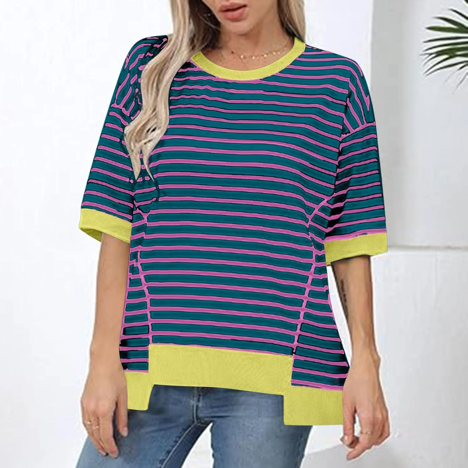 Oversized Tshirts for Women Casual Half Sleeve Summer Tops Workout Striped Shirt Loose Fit Crewneck Sweatshirt