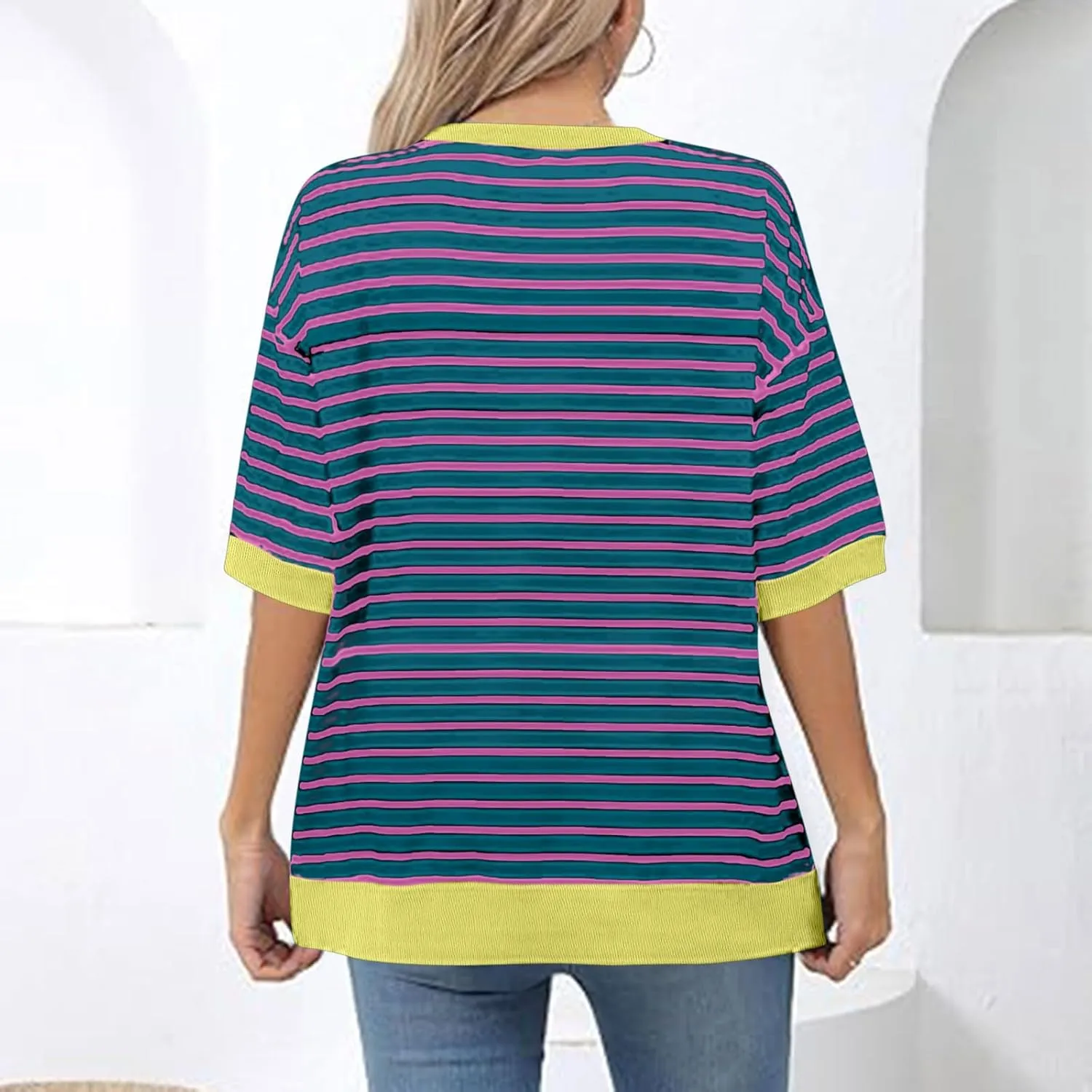 Oversized Tshirts for Women Casual Half Sleeve Summer Tops Workout Striped Shirt Loose Fit Crewneck Sweatshirt