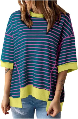 Oversized Tshirts for Women Casual Half Sleeve Summer Tops Workout Striped Shirt Loose Fit Crewneck Sweatshirt