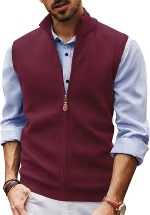PJ PAUL JONES Mens Sweater Vest Full-Up Knitted Vests Casual Stand Collar Vests Sweater