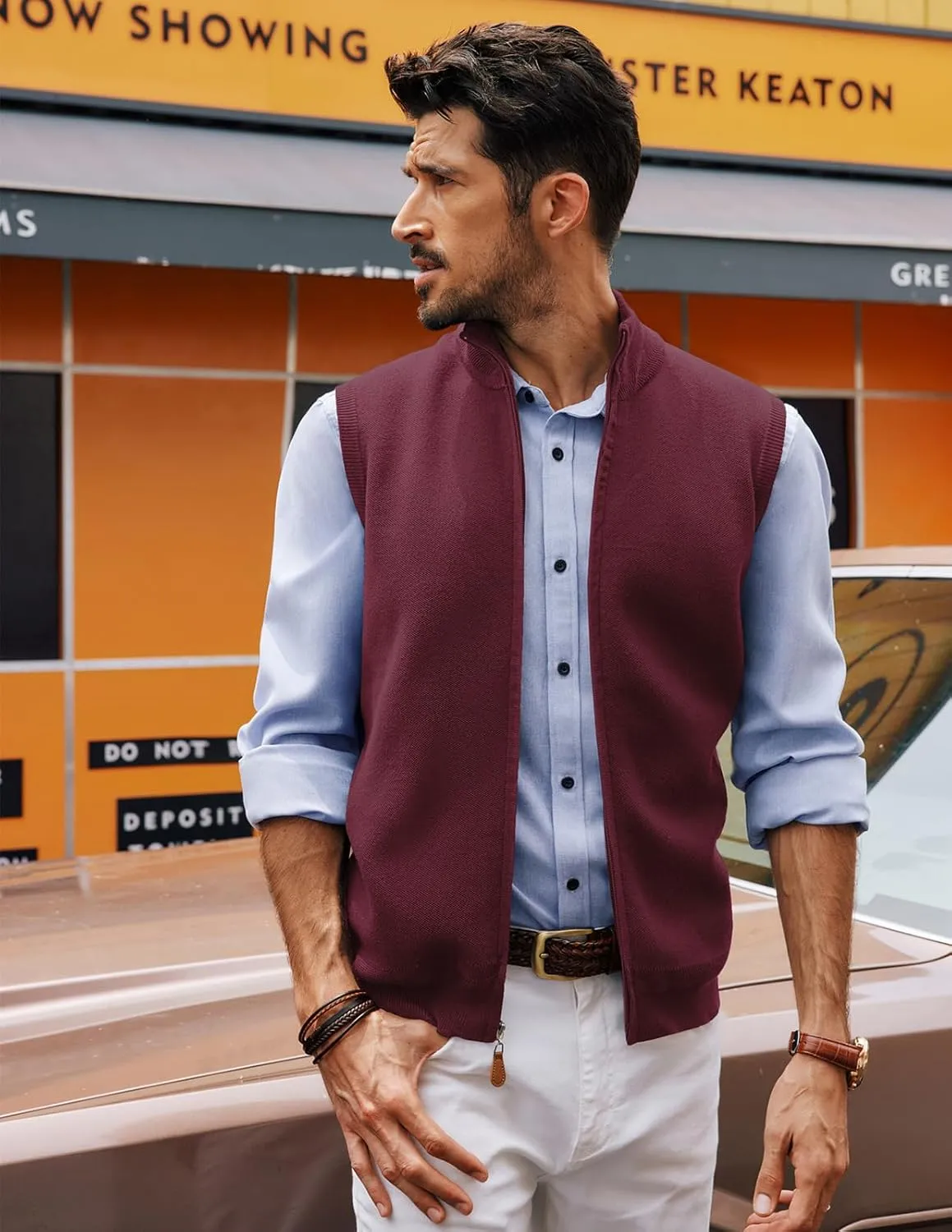 PJ PAUL JONES Mens Sweater Vest Full-Up Knitted Vests Casual Stand Collar Vests Sweater