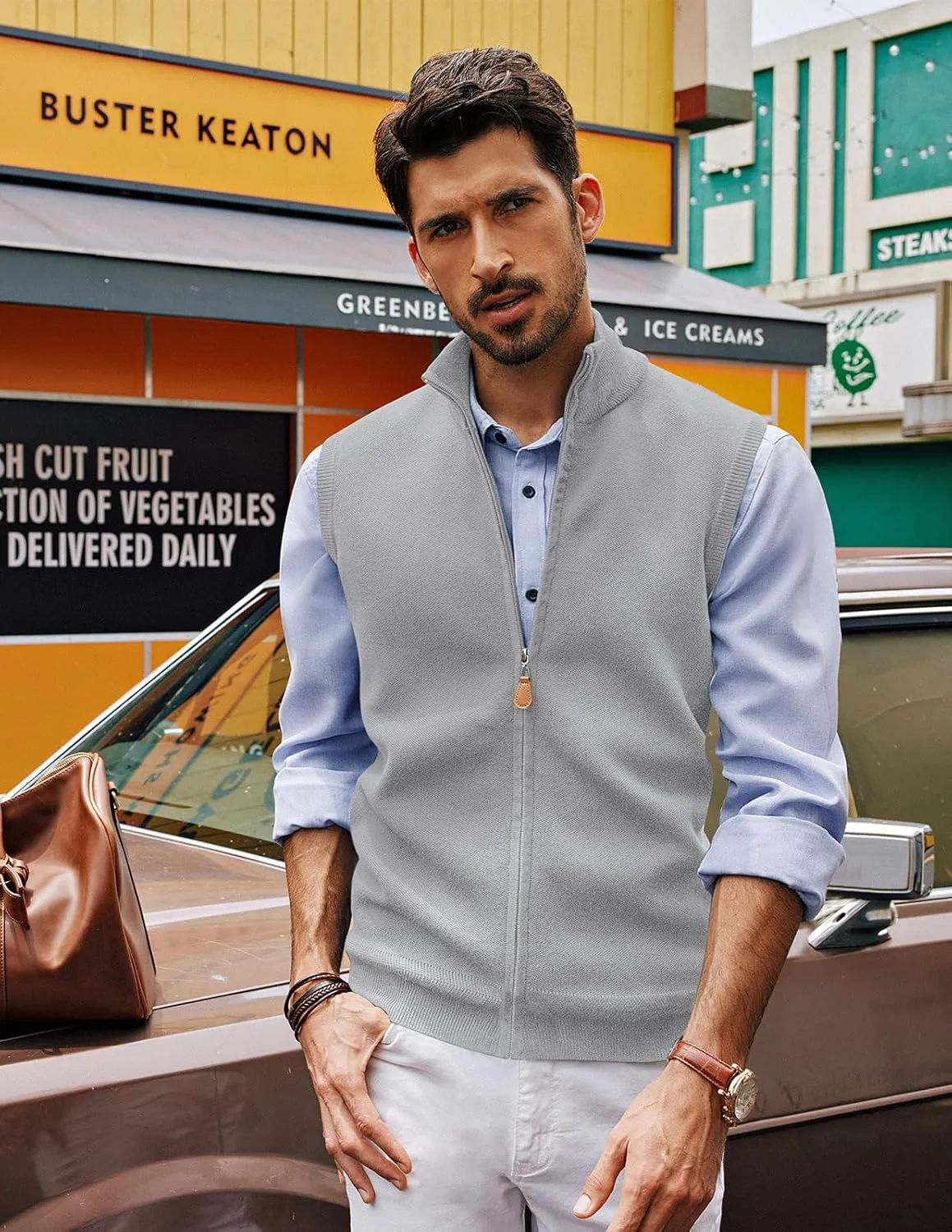PJ PAUL JONES Mens Sweater Vest Full-Up Knitted Vests Casual Stand Collar Vests Sweater