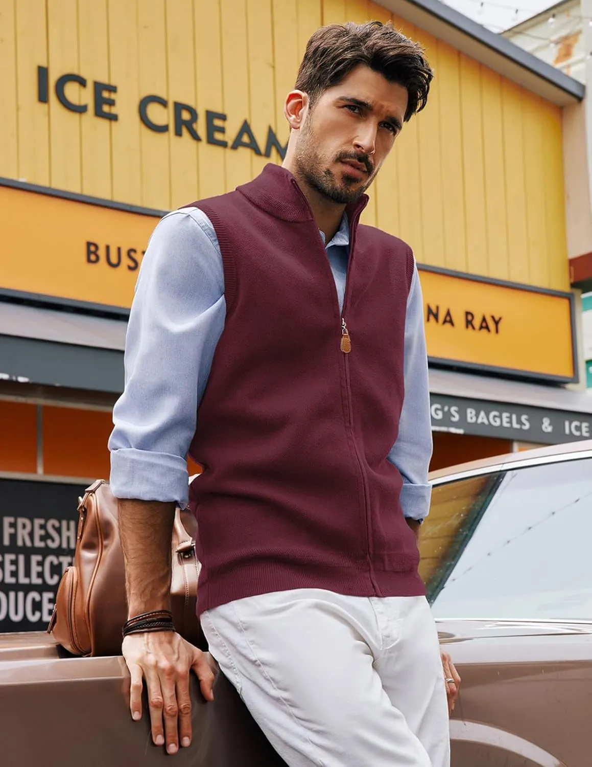 PJ PAUL JONES Mens Sweater Vest Full-Up Knitted Vests Casual Stand Collar Vests Sweater