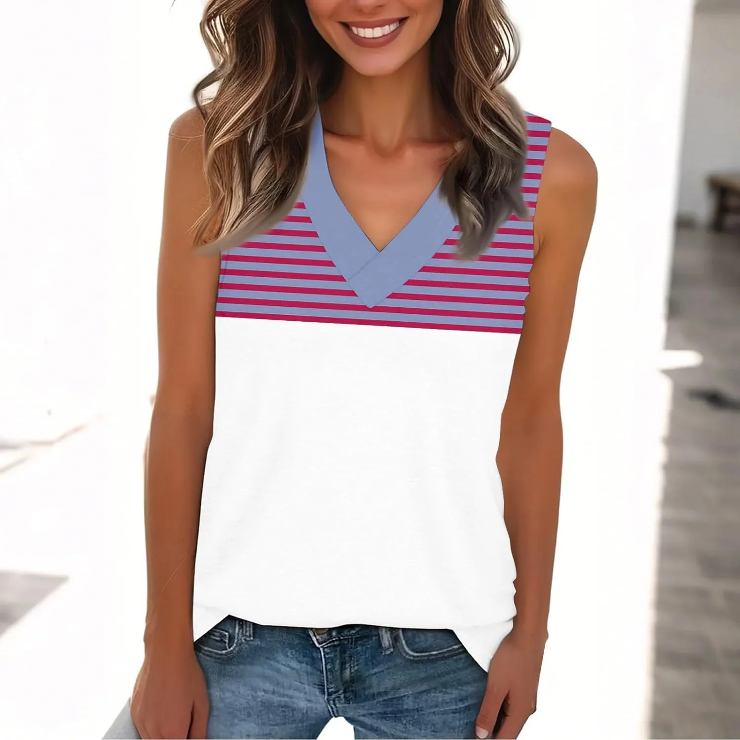 Plus Size Tank Tops for Women 2025 Summer Casual V Neck Camisole Sleeveless Striped Workout Tanks