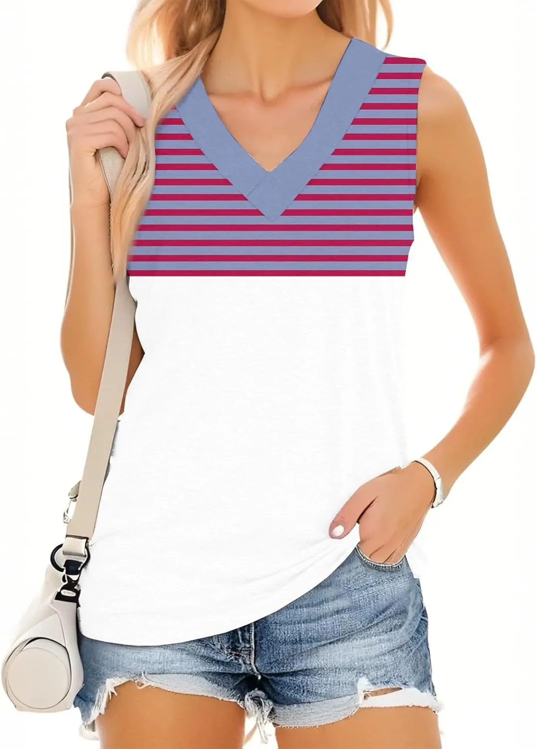 Plus Size Tank Tops for Women 2025 Summer Casual V Neck Camisole Sleeveless Striped Workout Tanks