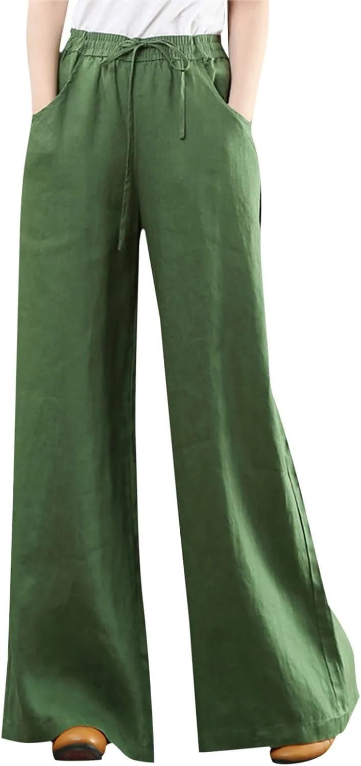 PTOLOCIF Cotton Pants for Women,Baggy Linen Pants Summer Lightweight High Waist Palazzo Pants Loose Straight Leg Pants