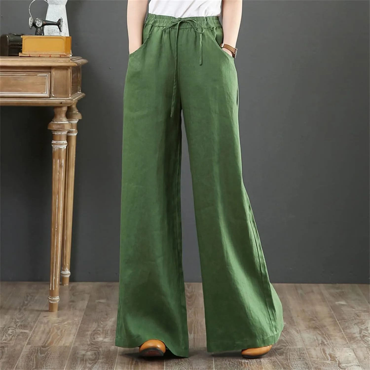 PTOLOCIF Cotton Pants for Women,Baggy Linen Pants Summer Lightweight High Waist Palazzo Pants Loose Straight Leg Pants