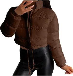 Puffer Coat Women Cropped Puffer Jacket Casual Quilted Baggy Long Sleeve Zip Down Jackets Stand Collar Outerwear