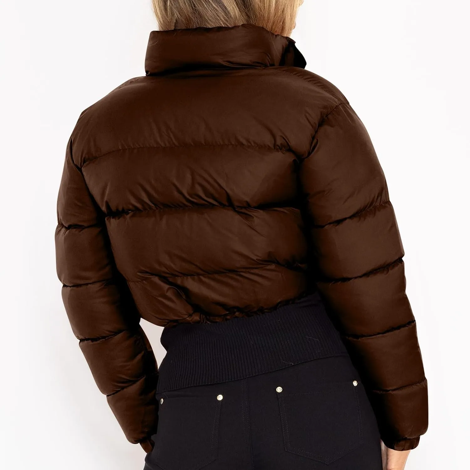 Puffer Coat Women Cropped Puffer Jacket Casual Quilted Baggy Long Sleeve Zip Down Jackets Stand Collar Outerwear