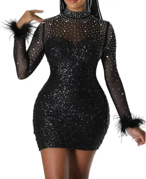 Ranfare Women Sexy Mini Bodycon Dress Turtleneck Party Dresses Clubwear mesh Dress
