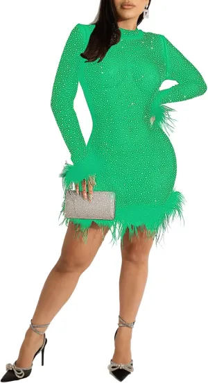 Ranfare Women Sexy Mini Bodycon Dress Turtleneck Party Dresses Clubwear mesh Dress