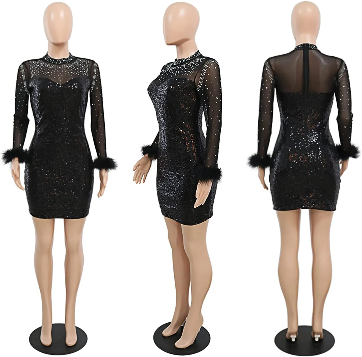 Ranfare Women Sexy Mini Bodycon Dress Turtleneck Party Dresses Clubwear mesh Dress
