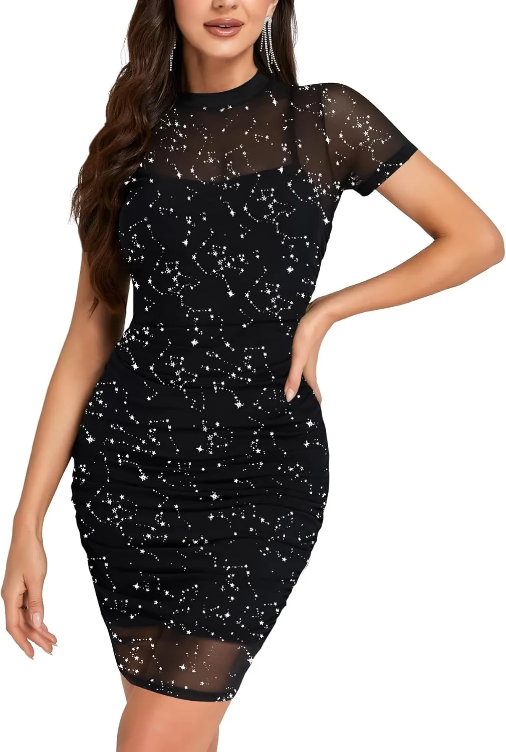 Rooscier Women's Sexy Sheer Mesh Dress 2 Pcs Short Sleeve Ruched Bodycon with Cami Dress