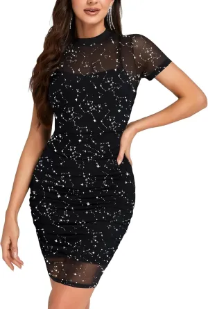 Rooscier Women's Sexy Sheer Mesh Dress 2 Pcs Short Sleeve Ruched Bodycon with Cami Dress