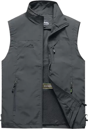 RTRDE Men's Outdoor Casual Full Zip Stand Collar Fishing Work Safari Travel Vest Sleeveless Jacket Hiking Coat, XL-4XL