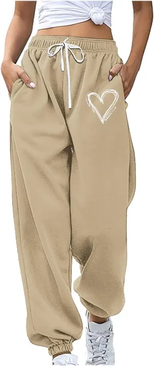 Ruziyoog Women's Casual Baggy Fleece Sweatpants Cute Heart Print Workout Active Joggers Pants Baggy Lounge Bottoms