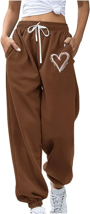 Ruziyoog Women's Casual Baggy Fleece Sweatpants Cute Heart Print Workout Active Joggers Pants Baggy Lounge Bottoms