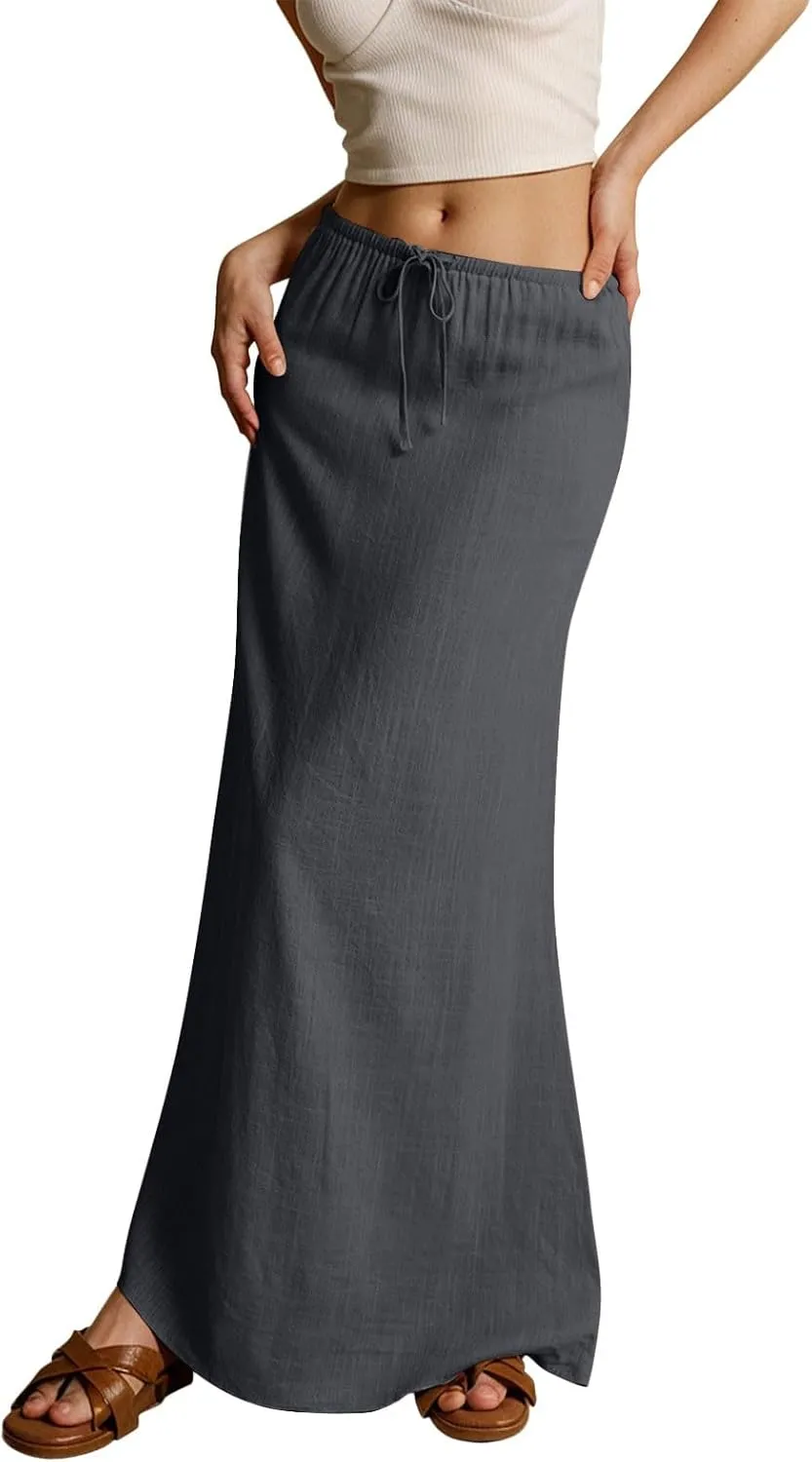 Rvidbe Women's Flowy Boho Maxi Skirt Drawstring Low Waist A Line Vacation Long Skirt Summer Casual Linen Skirts for Women