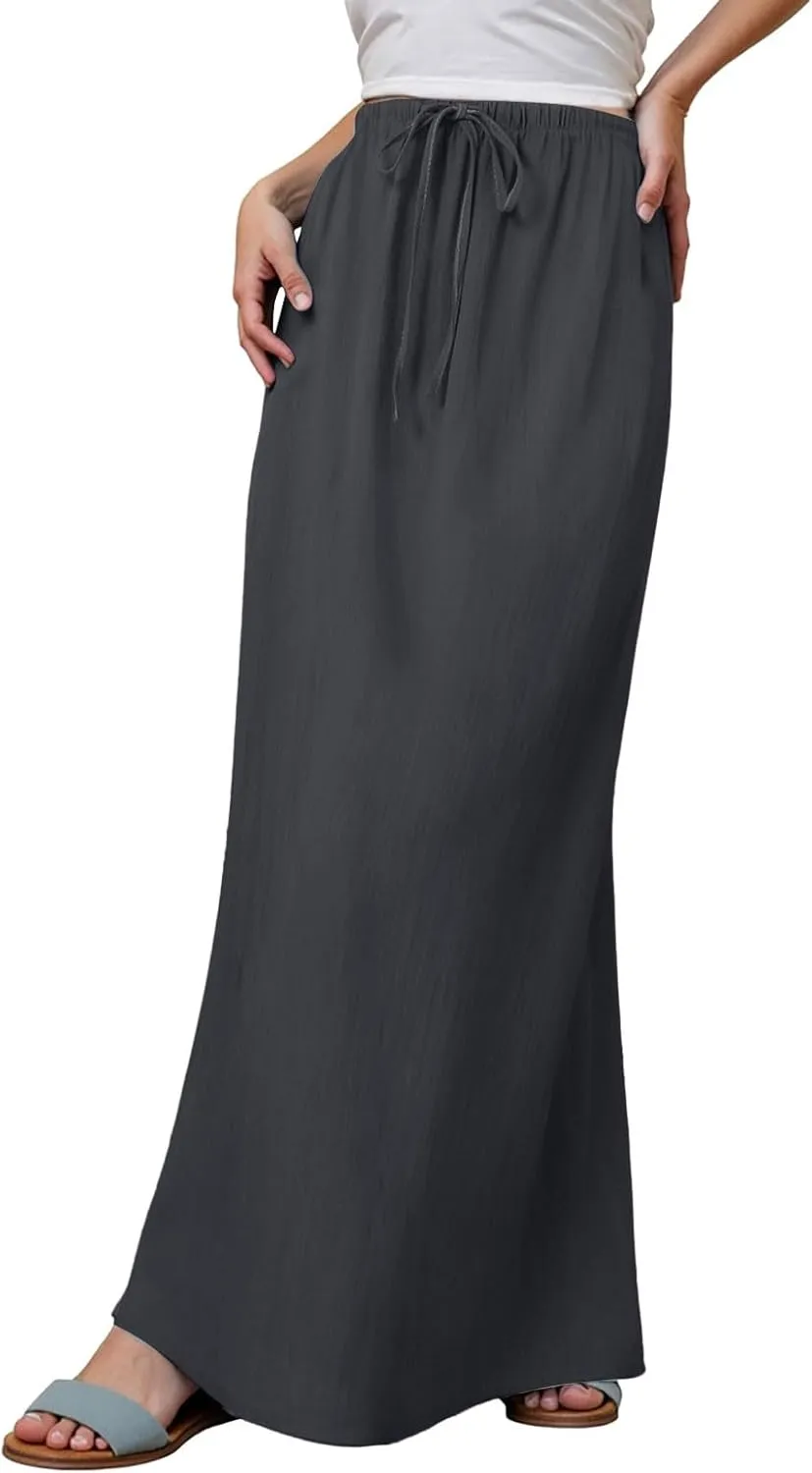 Rvidbe Women's Flowy Boho Maxi Skirt Drawstring Low Waist A Line Vacation Long Skirt Summer Casual Linen Skirts for Women