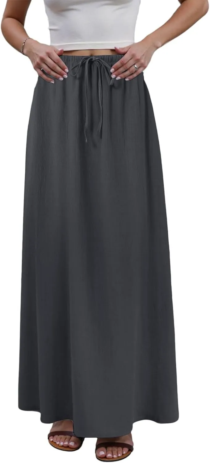 Rvidbe Women's Flowy Boho Maxi Skirt Drawstring Low Waist A Line Vacation Long Skirt Summer Casual Linen Skirts for Women