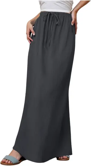 Rvidbe Women's Flowy Boho Maxi Skirt Drawstring Low Waist A Line Vacation Long Skirt Summer Casual Linen Skirts for Women