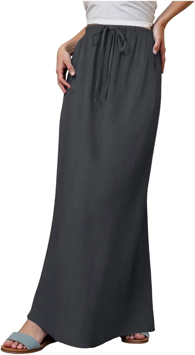 Rvidbe Women's Flowy Boho Maxi Skirt Drawstring Low Waist A Line Vacation Long Skirt Summer Casual Linen Skirts for Women