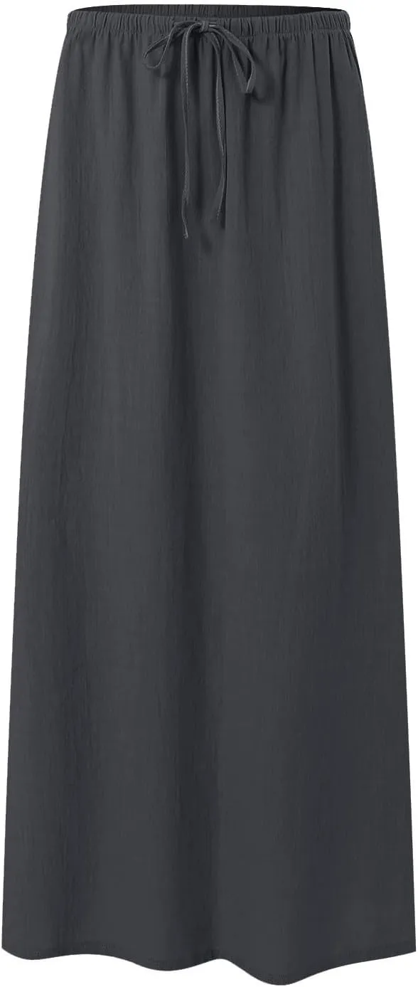 Rvidbe Women's Flowy Boho Maxi Skirt Drawstring Low Waist A Line Vacation Long Skirt Summer Casual Linen Skirts for Women