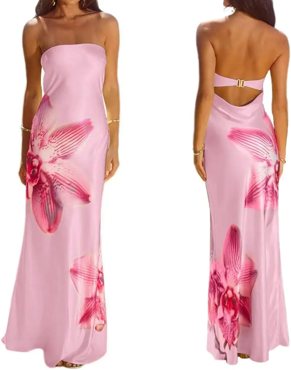 Sastianaen Women Y2k Strapless Maxi Dress Floral Print Tube Dress Split Bodycon Long Dresses Summer Going Out Streetwear