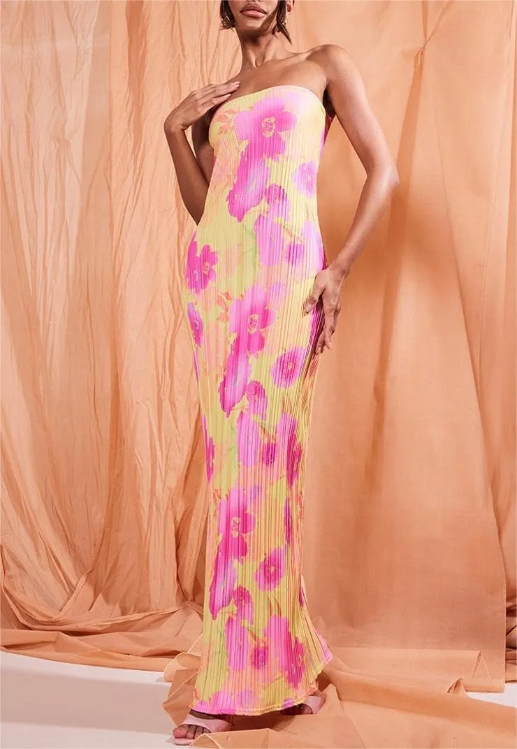 Sastianaen Women Y2k Strapless Maxi Dress Floral Print Tube Dress Split Bodycon Long Dresses Summer Going Out Streetwear