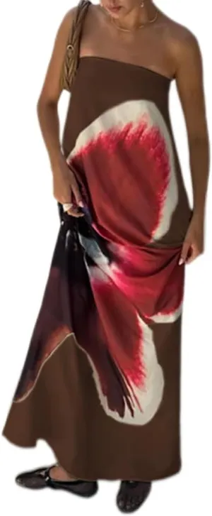 Sastianaen Women Y2k Strapless Maxi Dress Floral Print Tube Dress Split Bodycon Long Dresses Summer Going Out Streetwear
