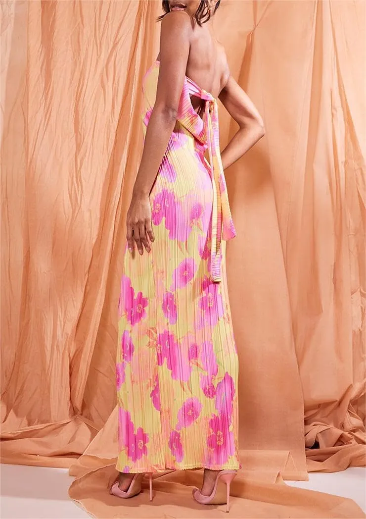 Sastianaen Women Y2k Strapless Maxi Dress Floral Print Tube Dress Split Bodycon Long Dresses Summer Going Out Streetwear