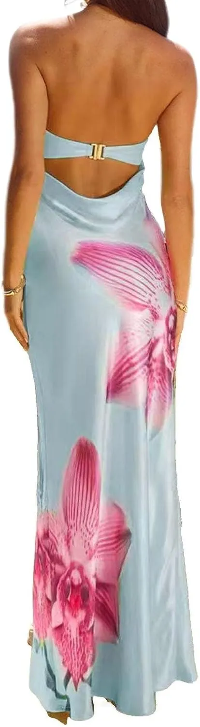 Sastianaen Women Y2k Strapless Maxi Dress Floral Print Tube Dress Split Bodycon Long Dresses Summer Going Out Streetwear
