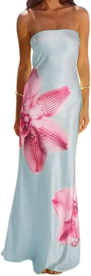 Sastianaen Women Y2k Strapless Maxi Dress Floral Print Tube Dress Split Bodycon Long Dresses Summer Going Out Streetwear