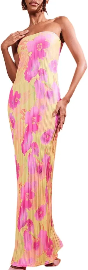 Sastianaen Women Y2k Strapless Maxi Dress Floral Print Tube Dress Split Bodycon Long Dresses Summer Going Out Streetwear