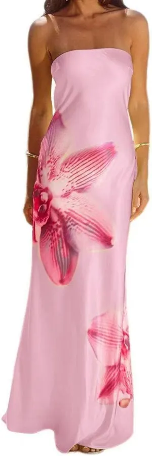 Sastianaen Women Y2k Strapless Maxi Dress Floral Print Tube Dress Split Bodycon Long Dresses Summer Going Out Streetwear