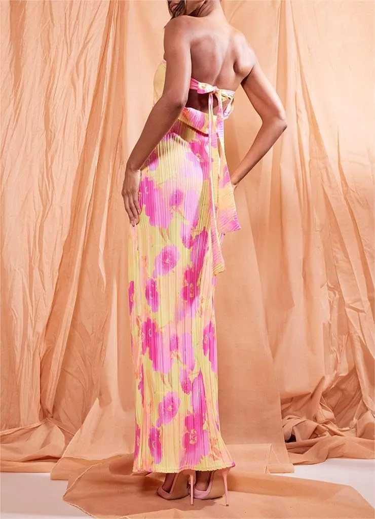 Sastianaen Women Y2k Strapless Maxi Dress Floral Print Tube Dress Split Bodycon Long Dresses Summer Going Out Streetwear